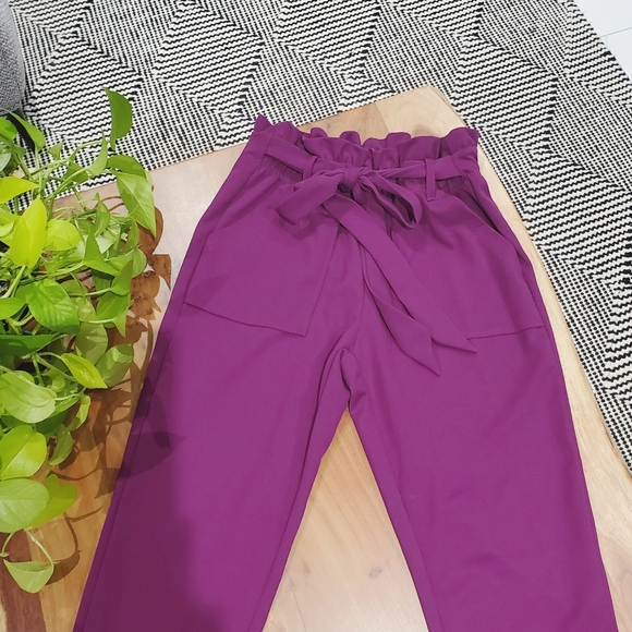 Tie Front Paperbag High Waist Tapered Trousers In Light Plum - Picture 4 of 7